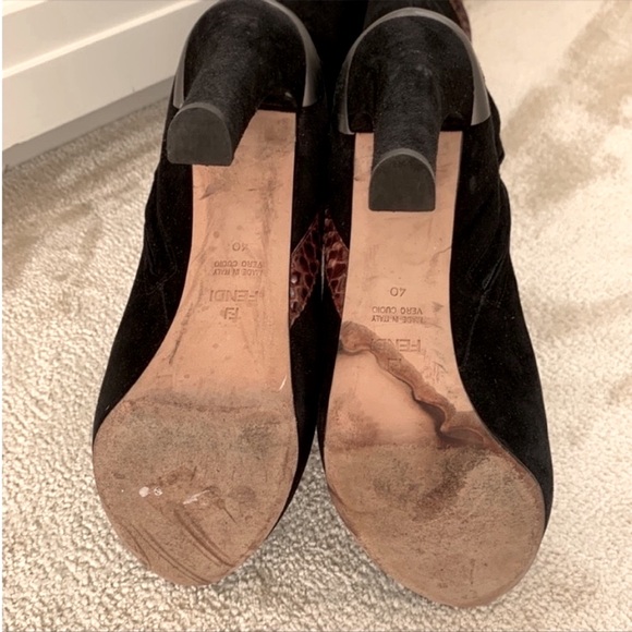 Fendi Black Suede Knee High Boots Brown Lizard Trim Platform High Heel 40 - Picture 10 of 10